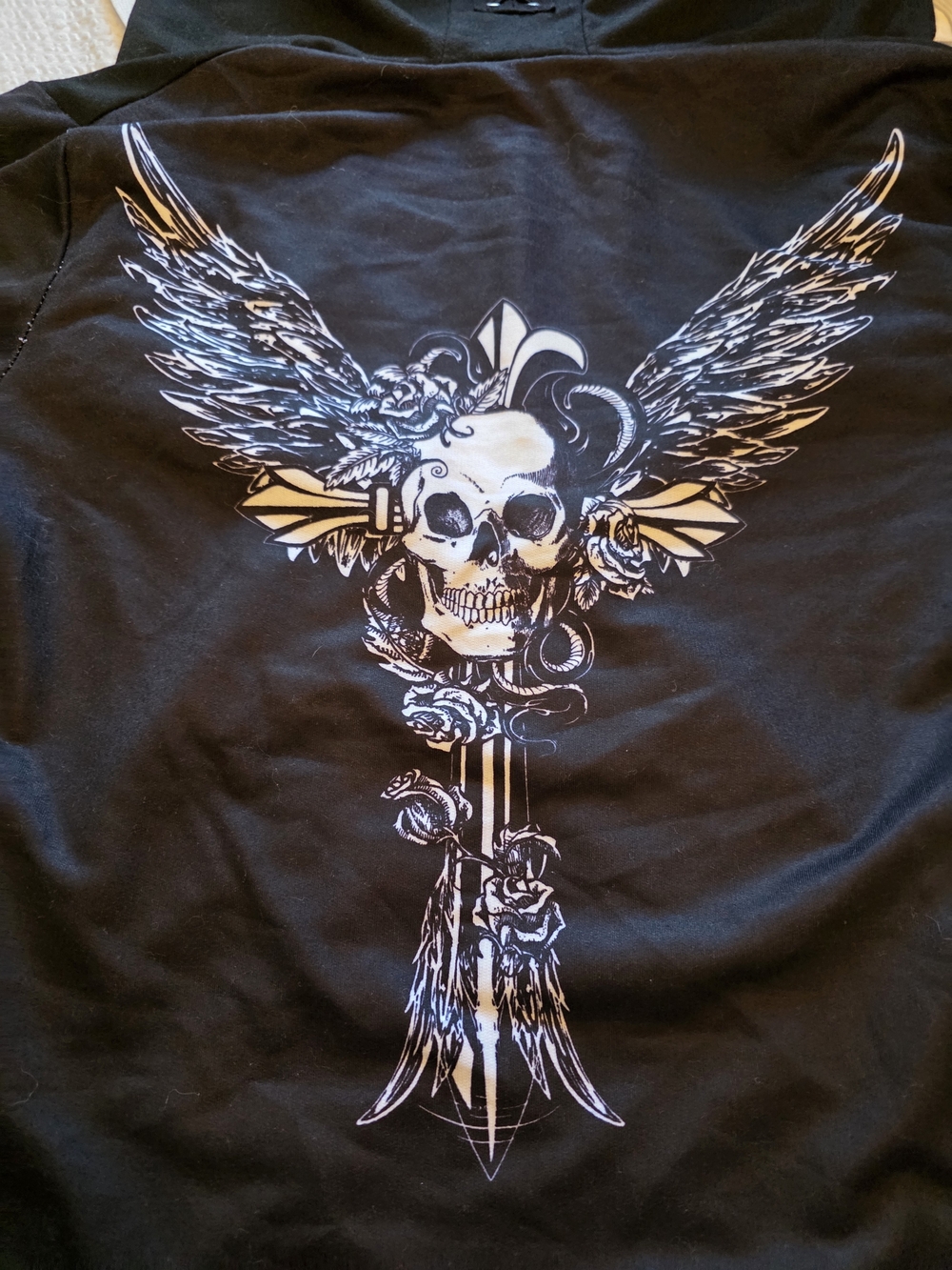 ELF Black V-Neck Hoodie with Winged Skull Graphic - Picture 2 of 9